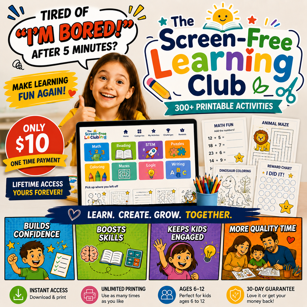 Printable learning activities, crayons and craft supplies on a wooden table