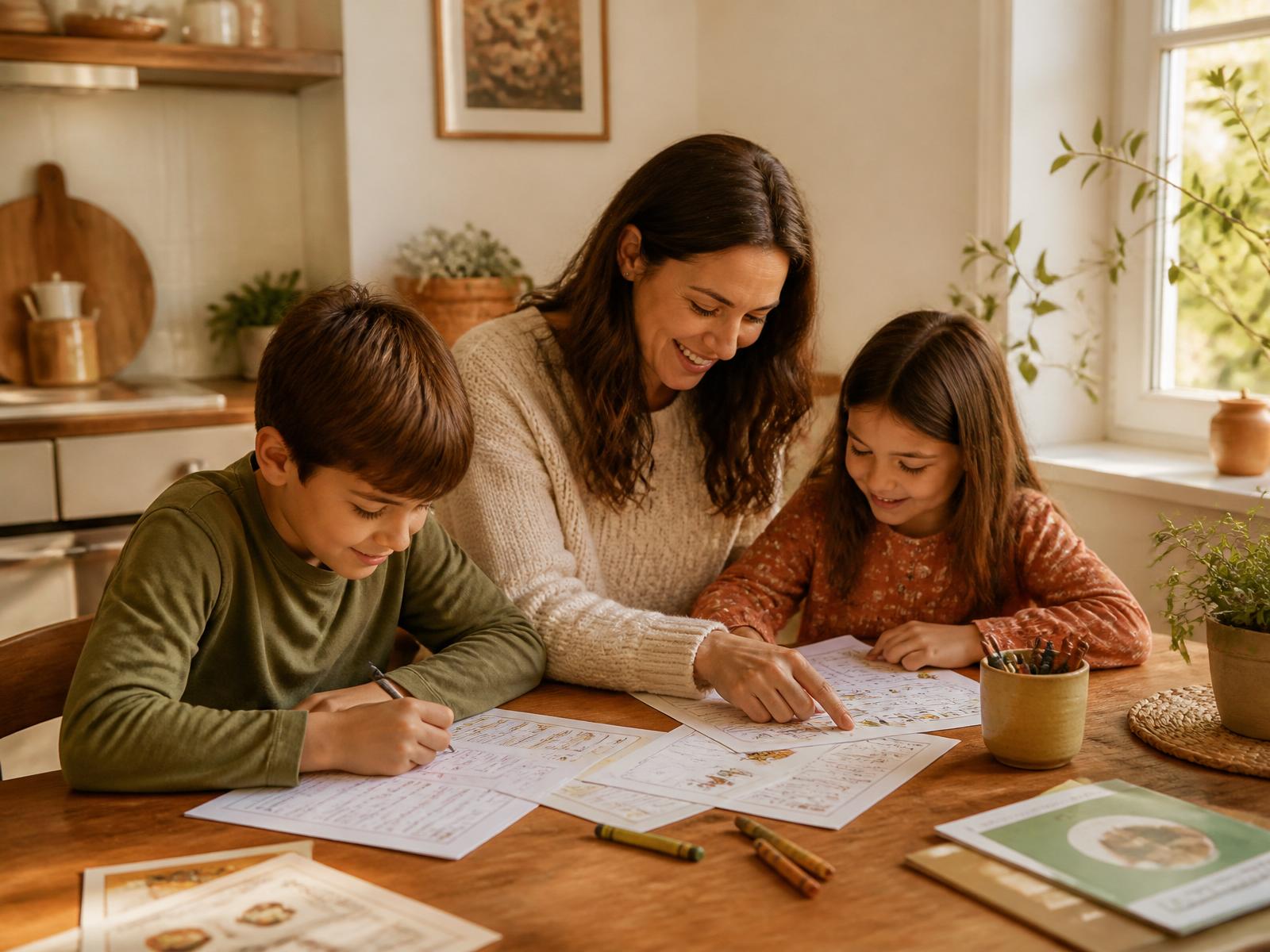 Mother helping two children with printed activities
