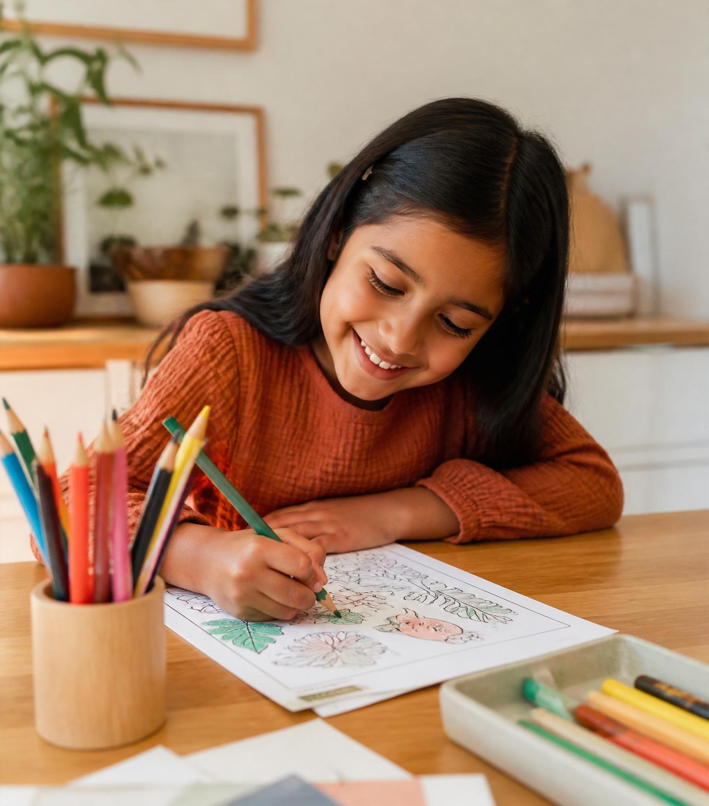Smiling child coloring at the kitchen table