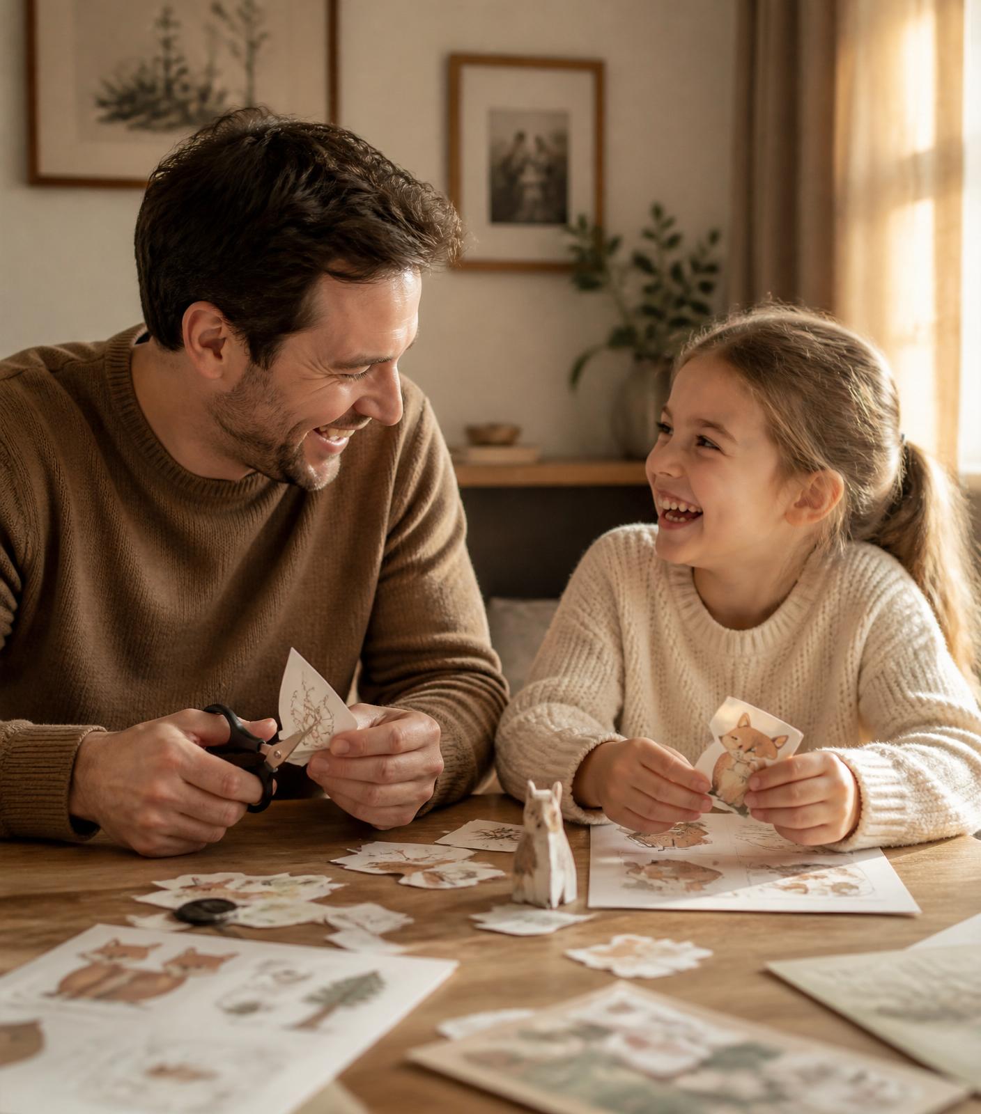 Father and daughter laughing while crafting