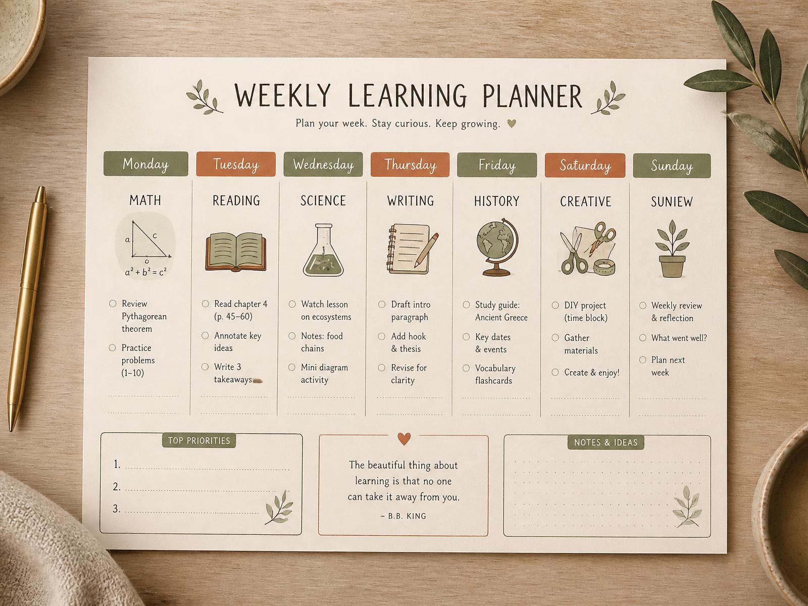 Weekly learning planner printable